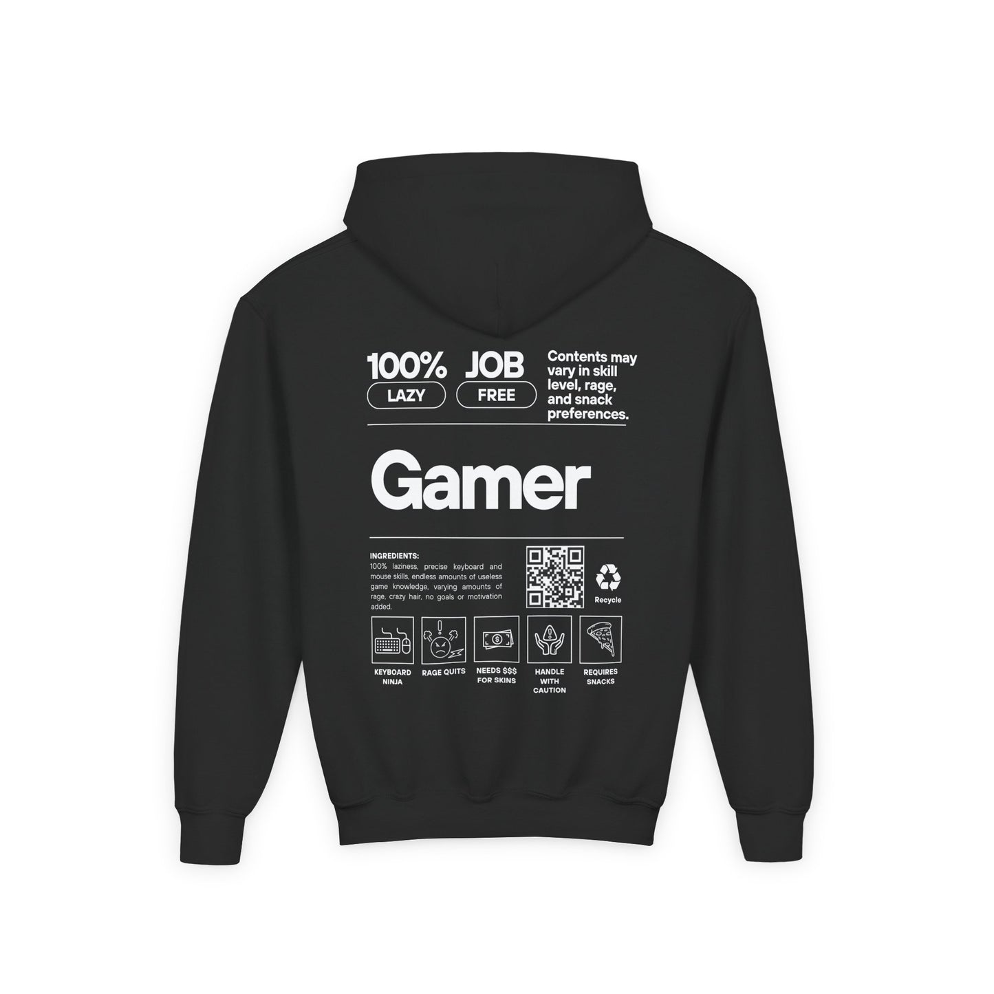 Youth Gamer Hoodie | Funny Gamer Youth Sweatshirt | Gamer Ingredients | Gamer Nutritional Facts | Esports Hoodie