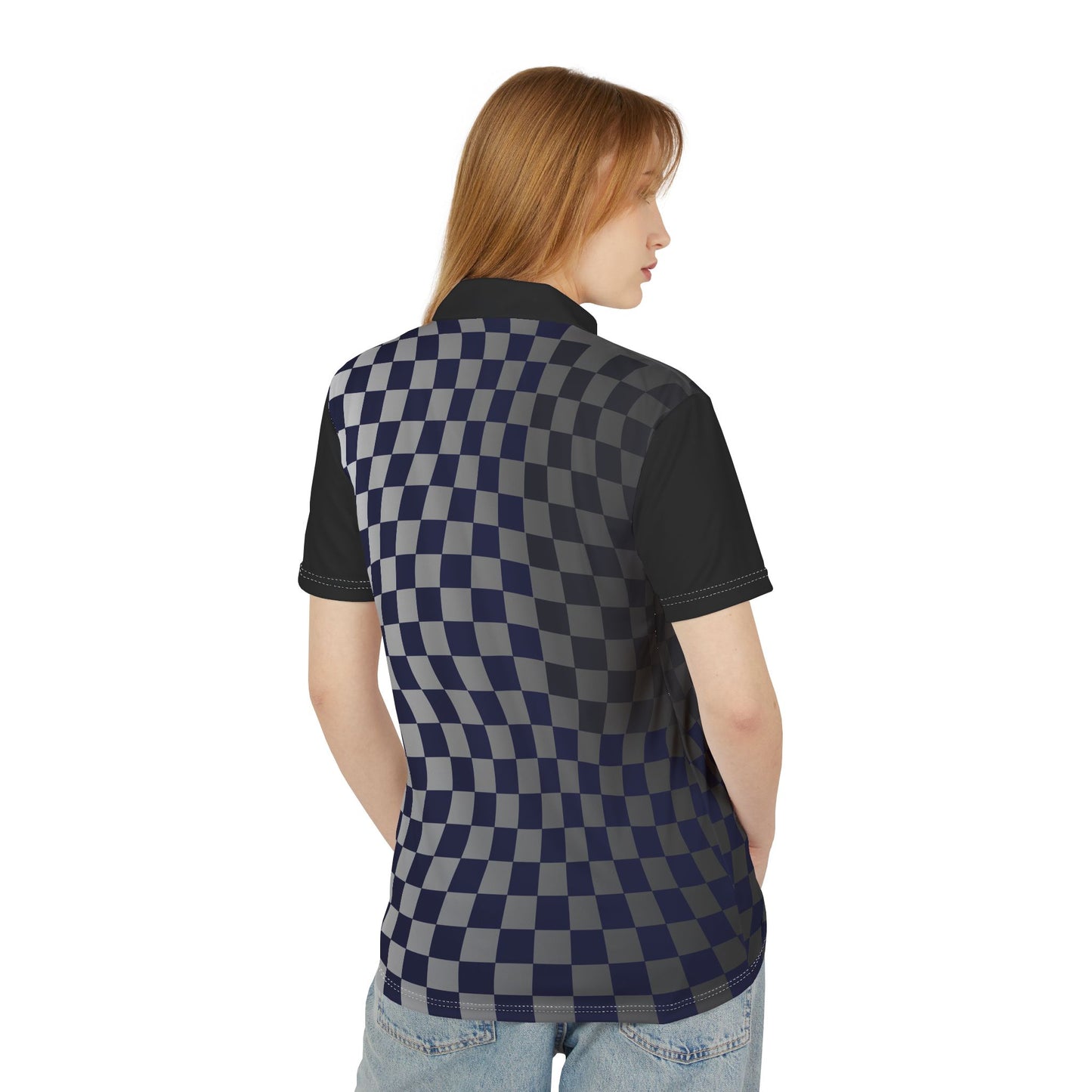 Grid Warp Racing Polo – Wavy Gradient Checkered AOP Polo Shirt