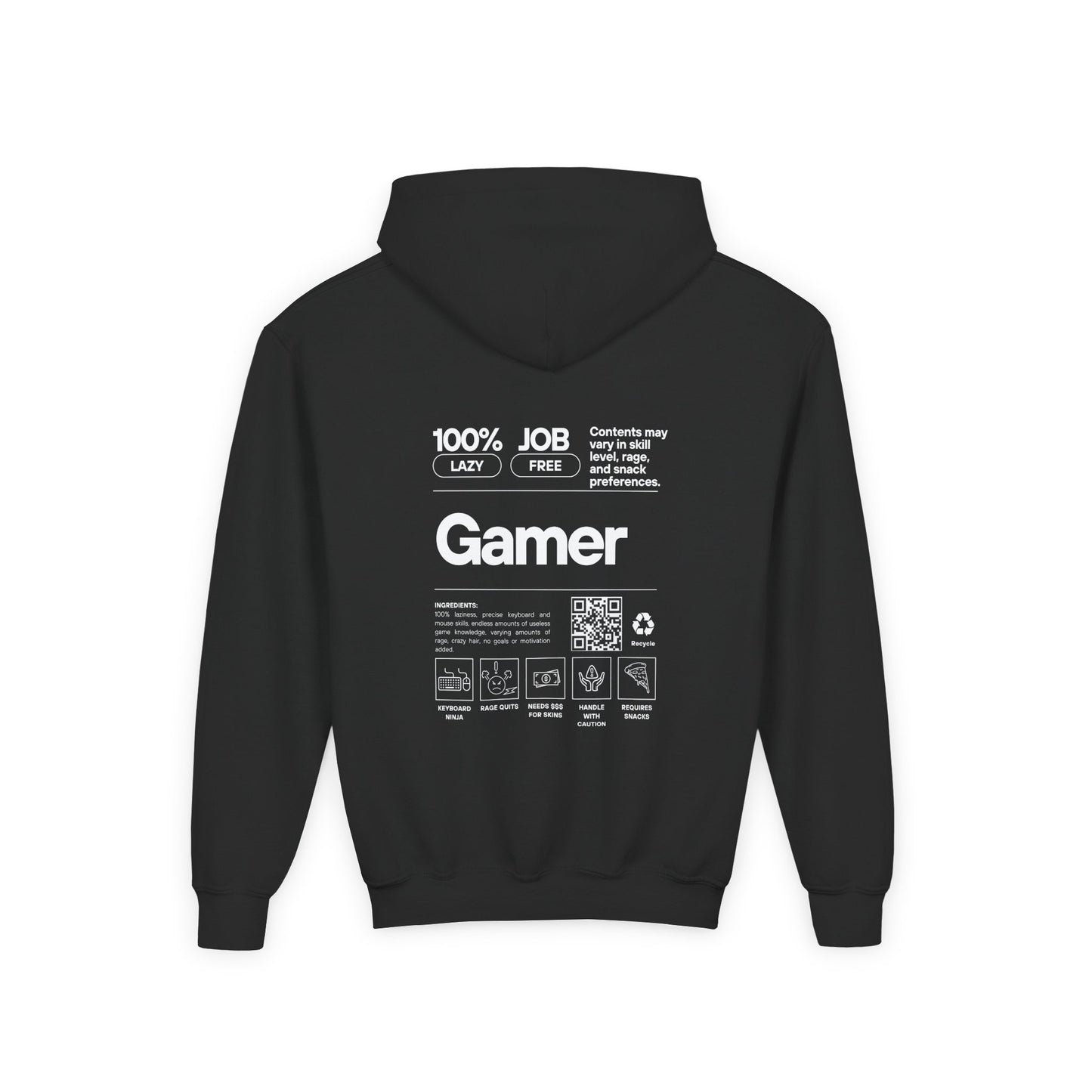 Youth Gamer Hoodie | Funny Gamer Youth Sweatshirt | Gamer Ingredients | Gamer Nutritional Facts | Esports Hoodie