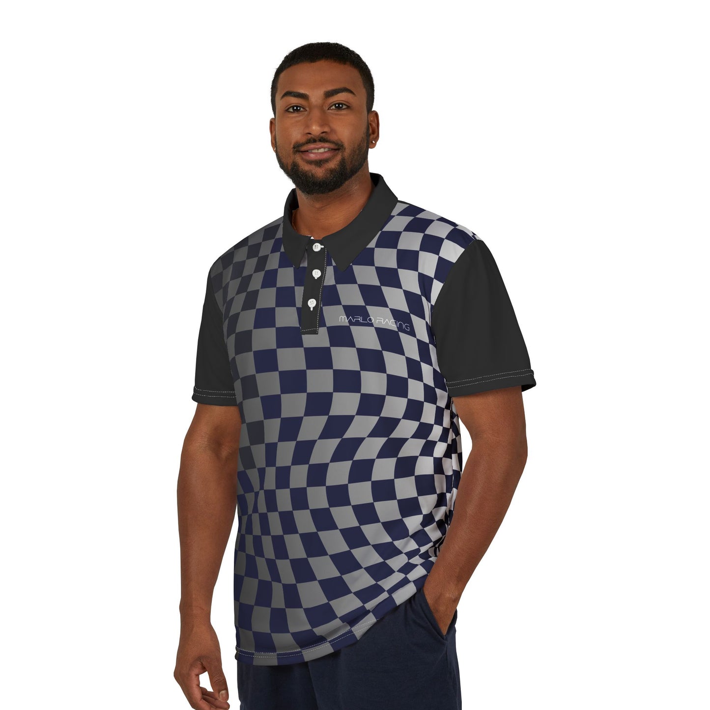 Grid Warp Racing Polo – Wavy Gradient Checkered AOP Polo Shirt
