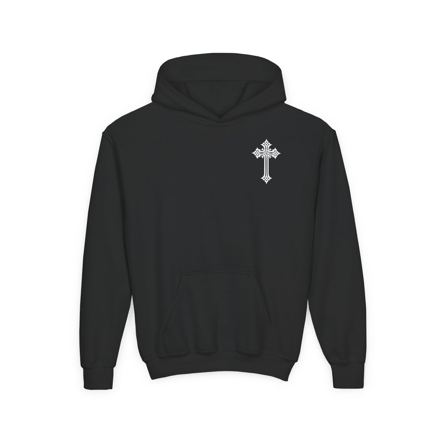Youth Heavy Blend Hooded Sweatshirt with Cross Design