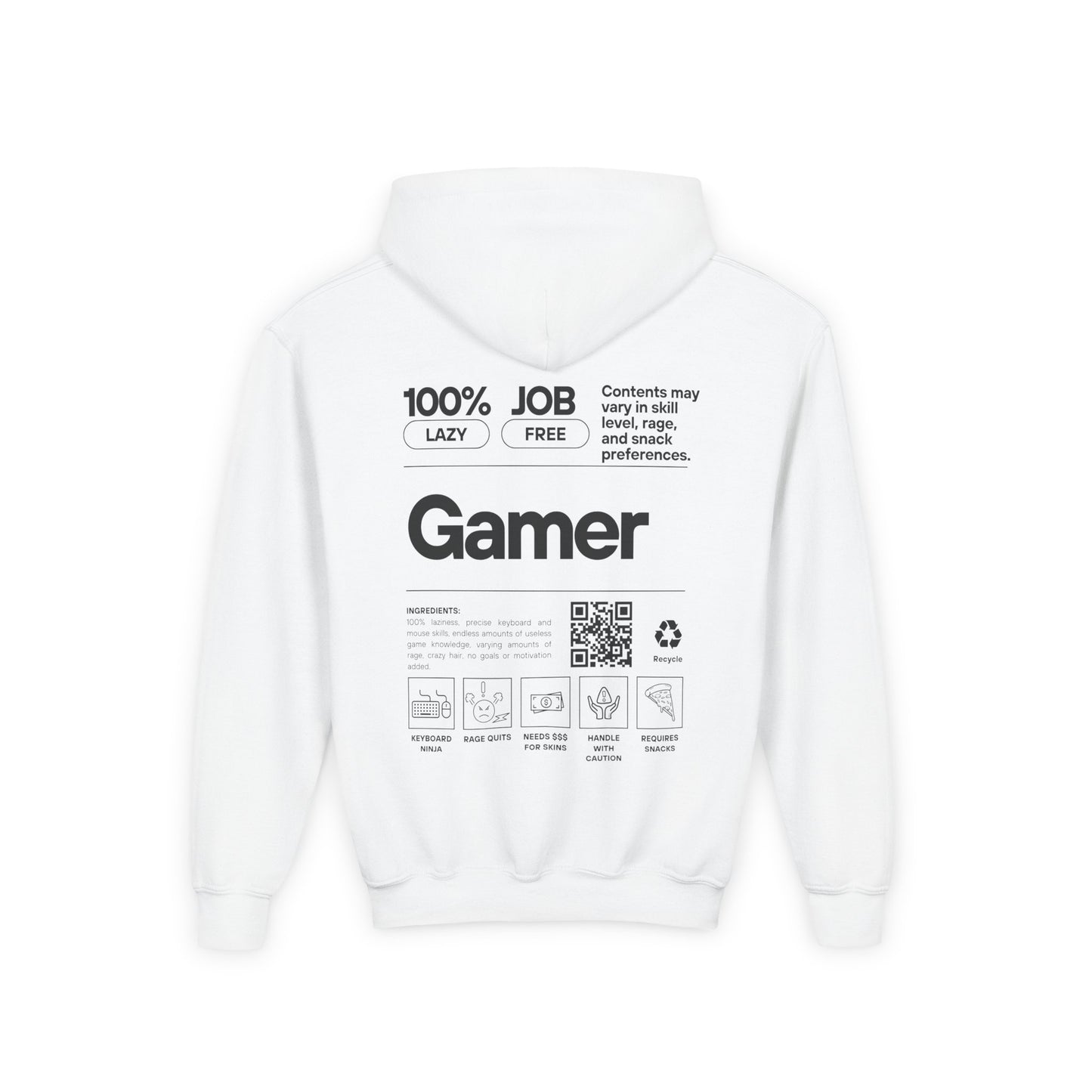 Youth Gamer Hoodie | Funny Gamer Youth Sweatshirt | Gamer Ingredients | Gamer Nutritional Facts | Esports Hoodie