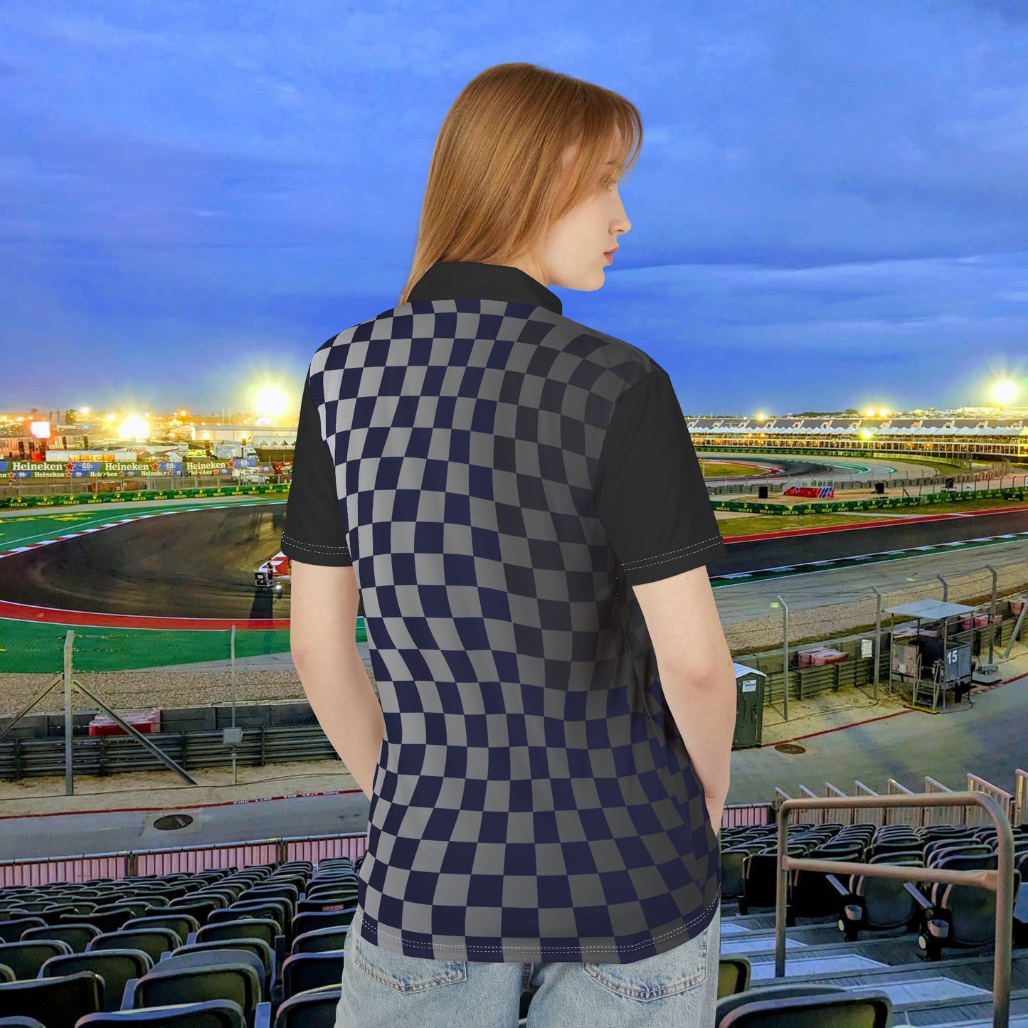Grid Warp Racing Polo – Wavy Gradient Checkered AOP Polo Shirt