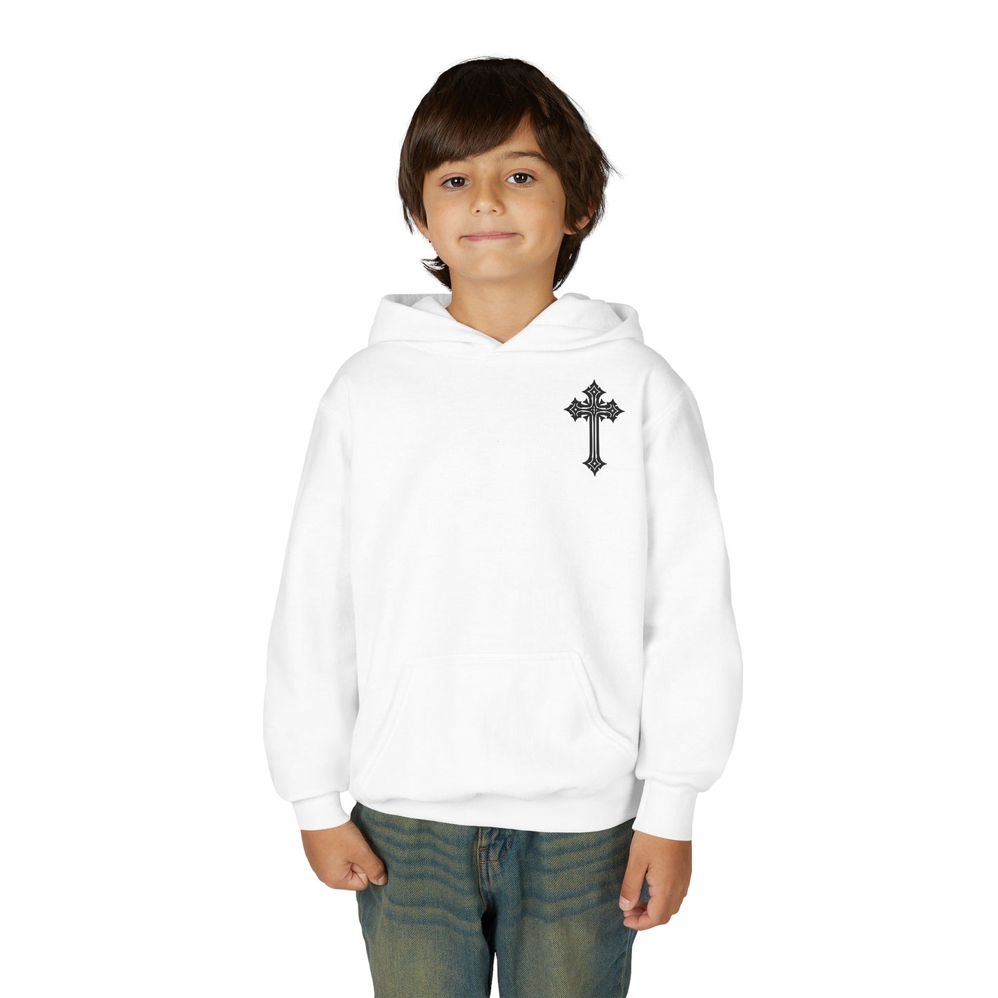 Youth Heavy Blend Hooded Sweatshirt with Cross Design