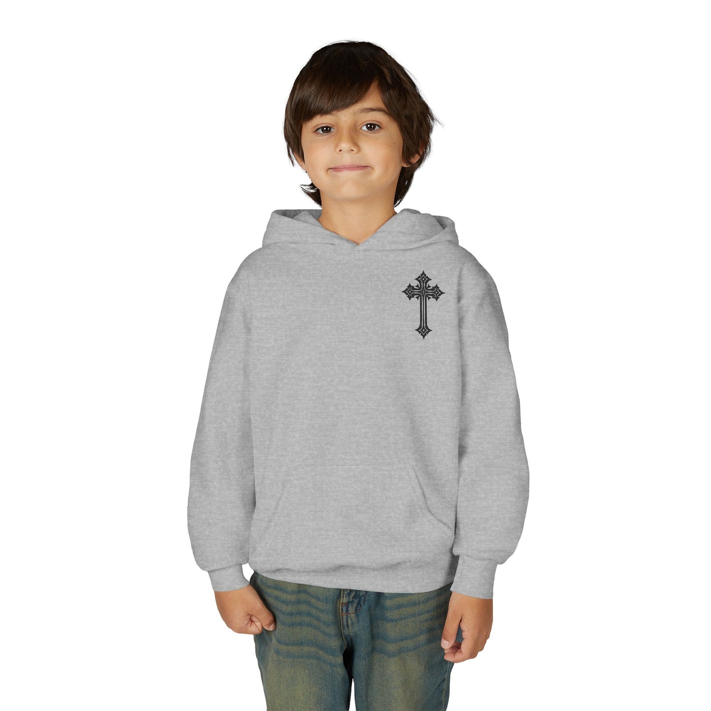 Youth Heavy Blend Hooded Sweatshirt with Cross Design