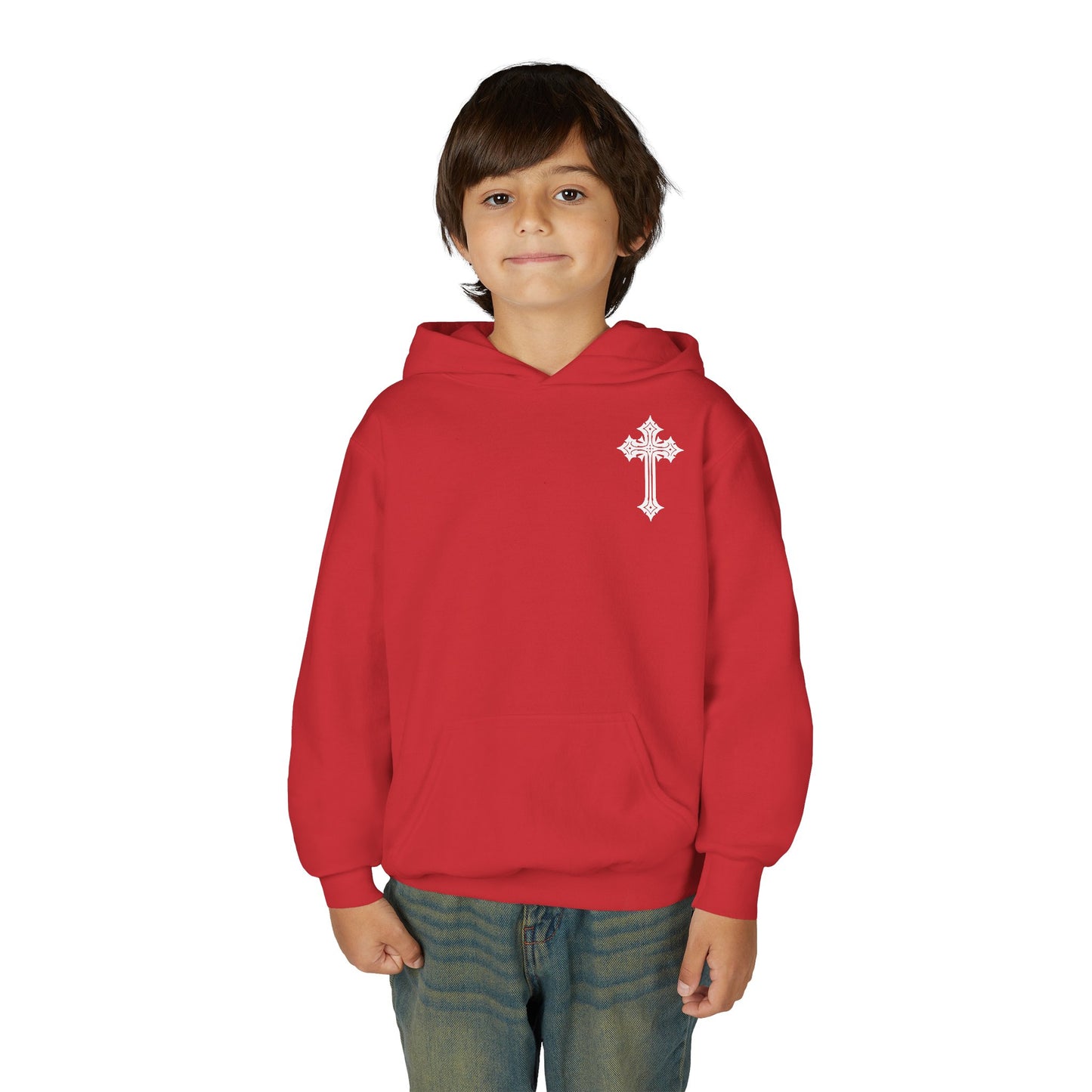 Youth Heavy Blend Hooded Sweatshirt with Cross Design
