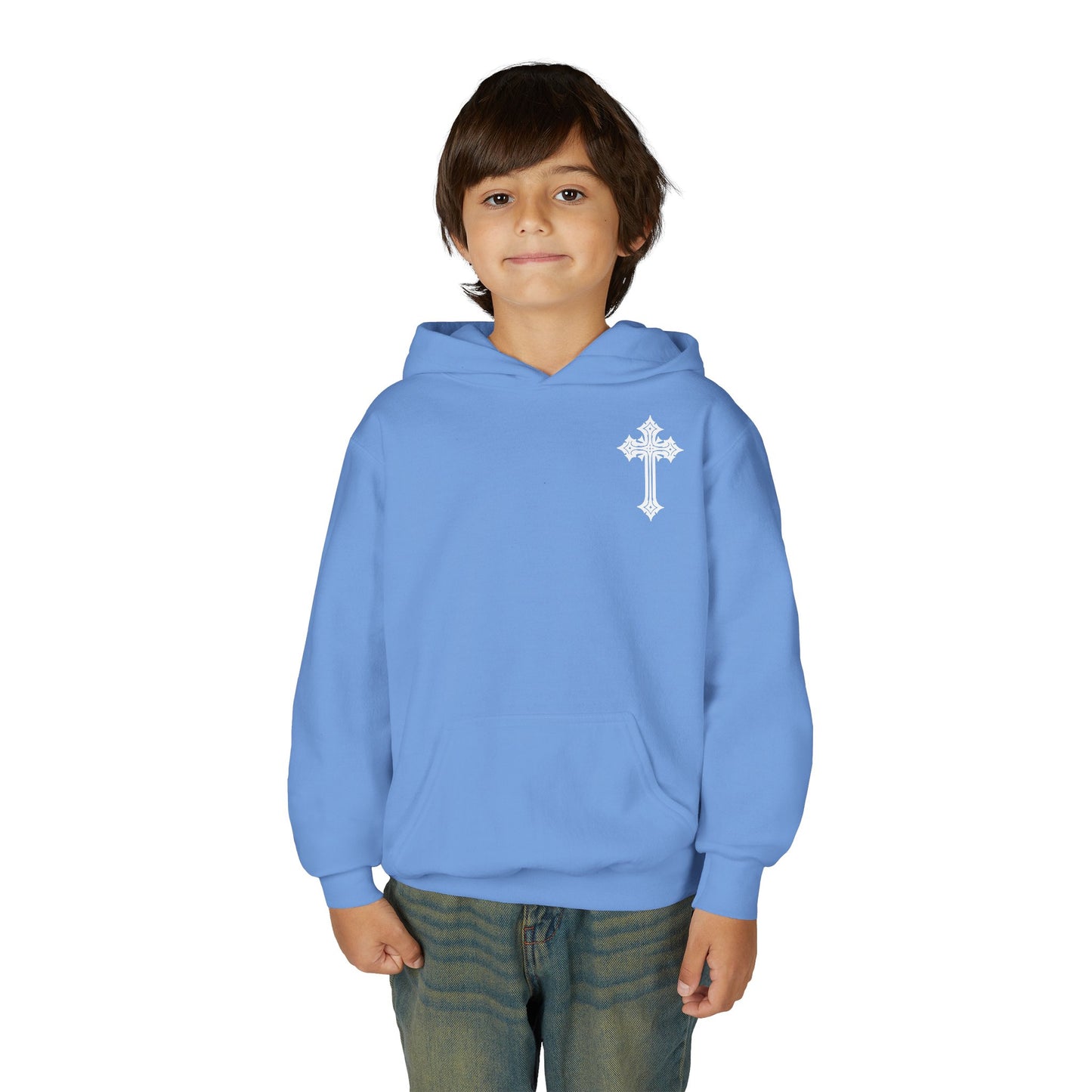 Youth Heavy Blend Hooded Sweatshirt with Cross Design