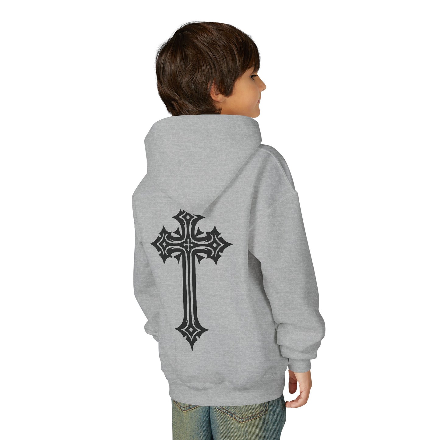 Youth Heavy Blend Hooded Sweatshirt with Cross Design