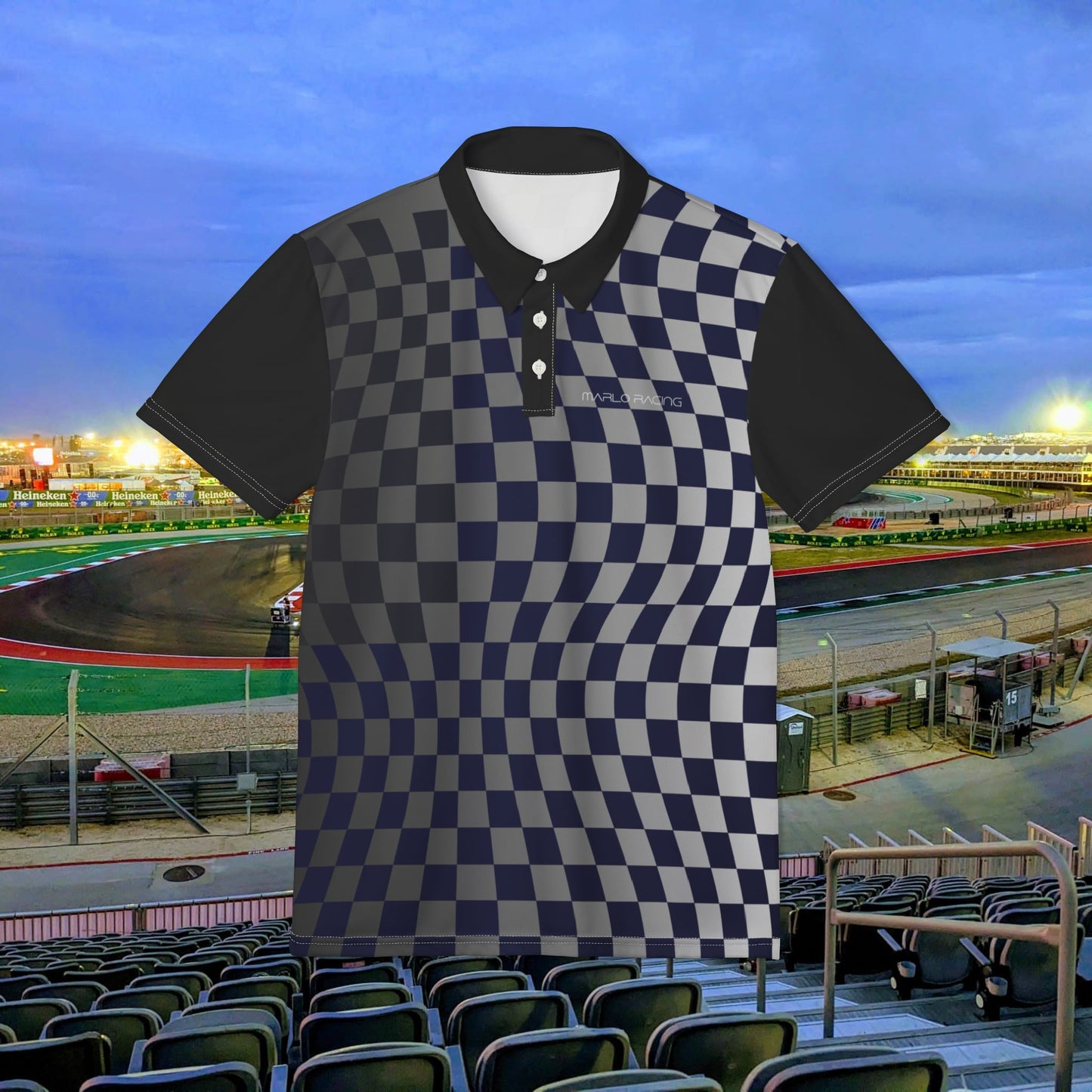 Grid Warp Racing Polo – Wavy Gradient Checkered AOP Polo Shirt