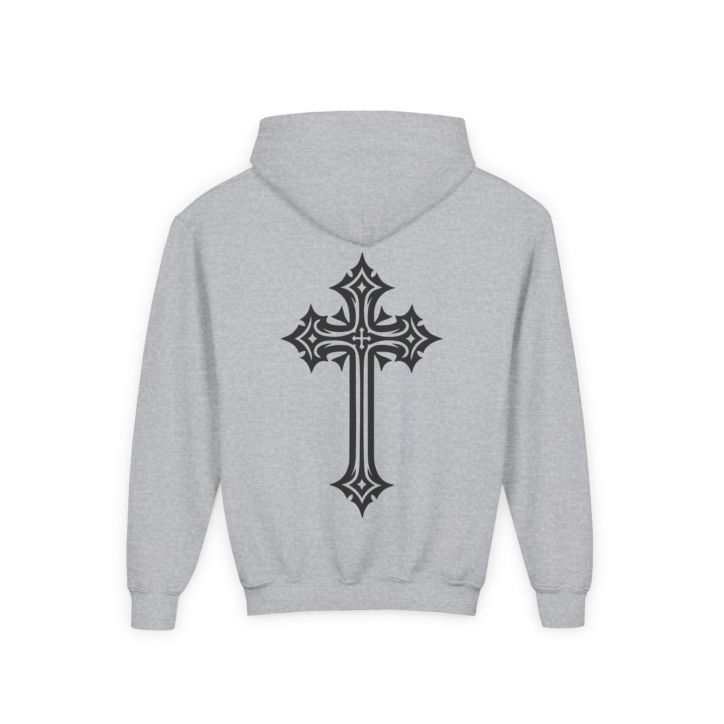 Youth Heavy Blend Hooded Sweatshirt with Cross Design