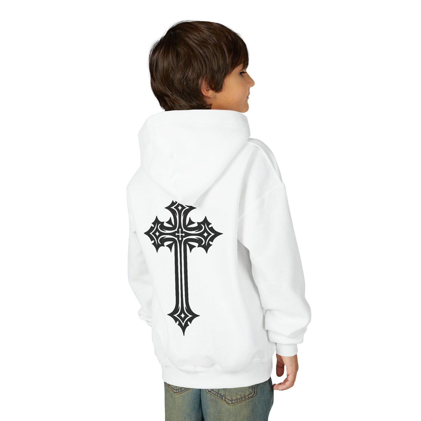 Youth Heavy Blend Hooded Sweatshirt with Cross Design