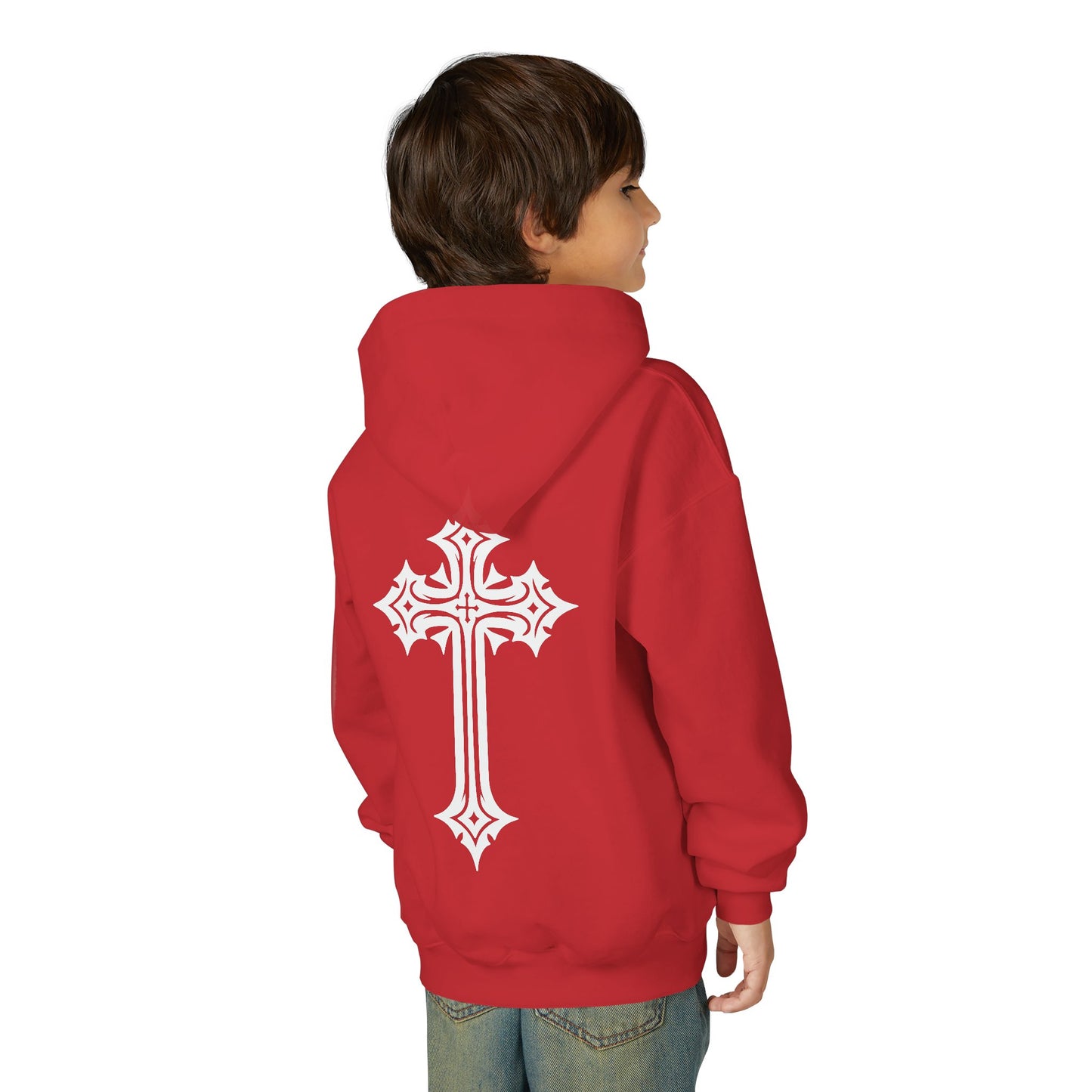 Youth Heavy Blend Hooded Sweatshirt with Cross Design
