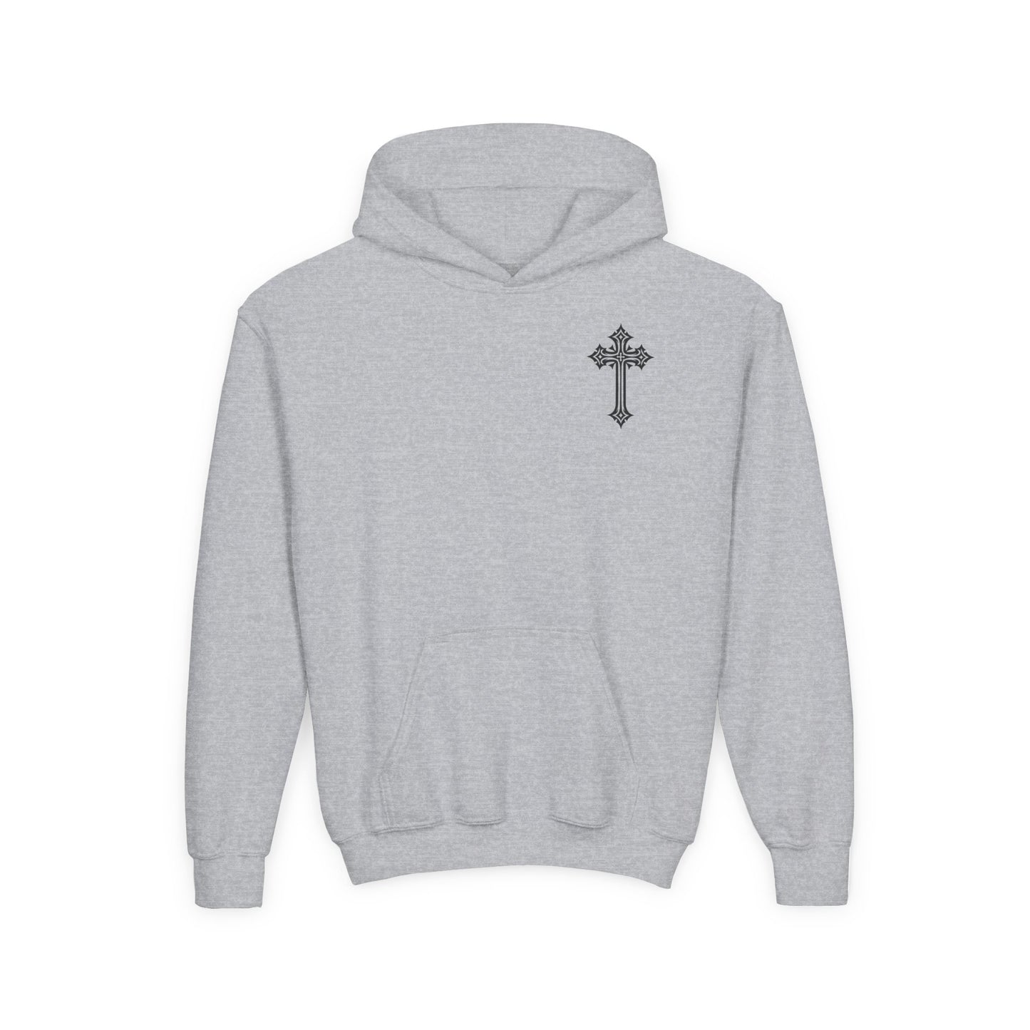 Youth Heavy Blend Hooded Sweatshirt with Cross Design