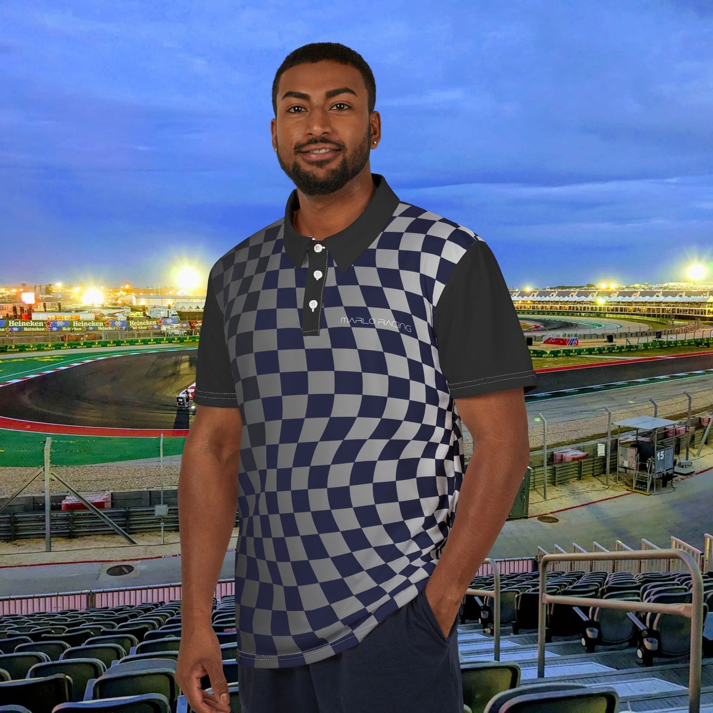 Grid Warp Racing Polo – Wavy Gradient Checkered AOP Polo Shirt