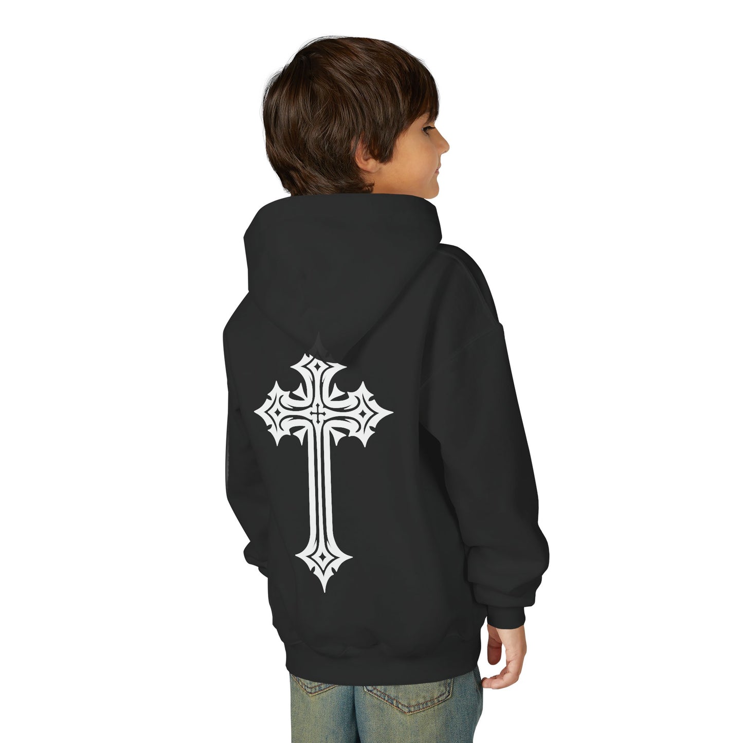 Youth Heavy Blend Hooded Sweatshirt with Cross Design