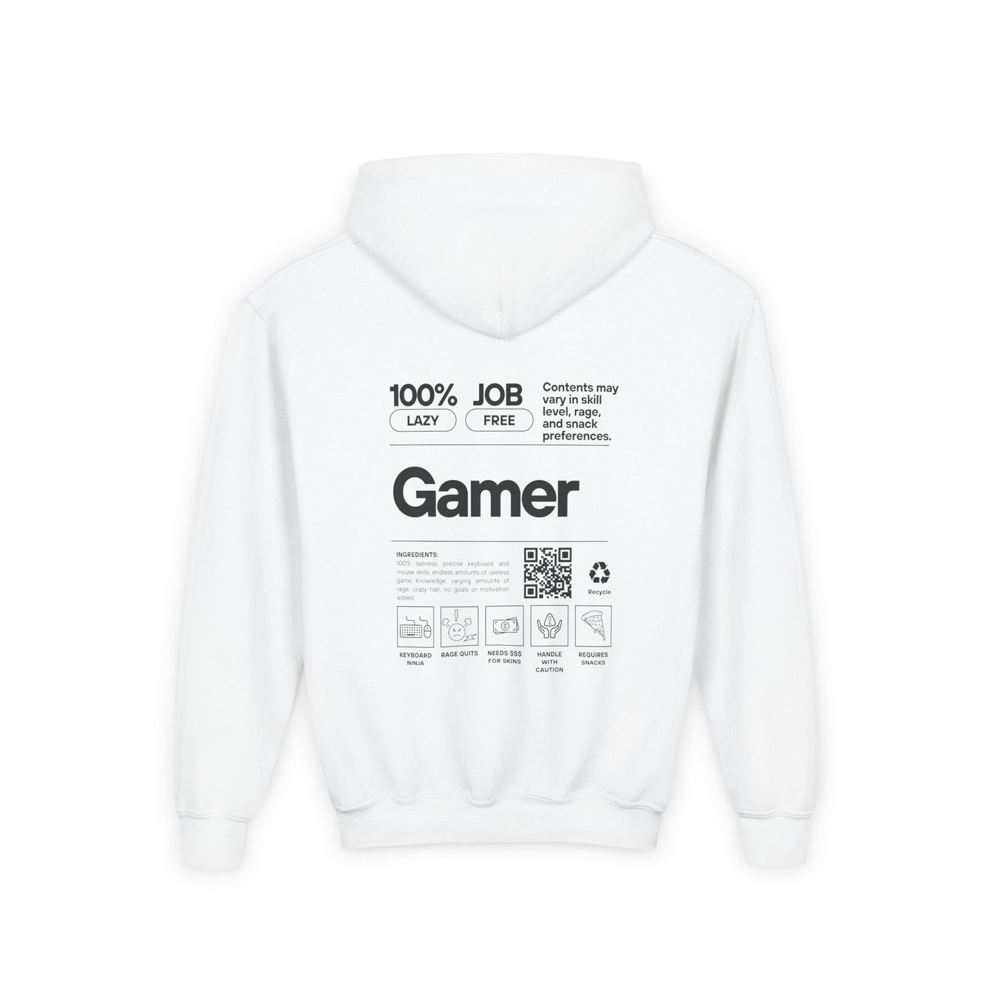 Youth Gamer Hoodie | Funny Gamer Youth Sweatshirt | Gamer Ingredients | Gamer Nutritional Facts | Esports Hoodie