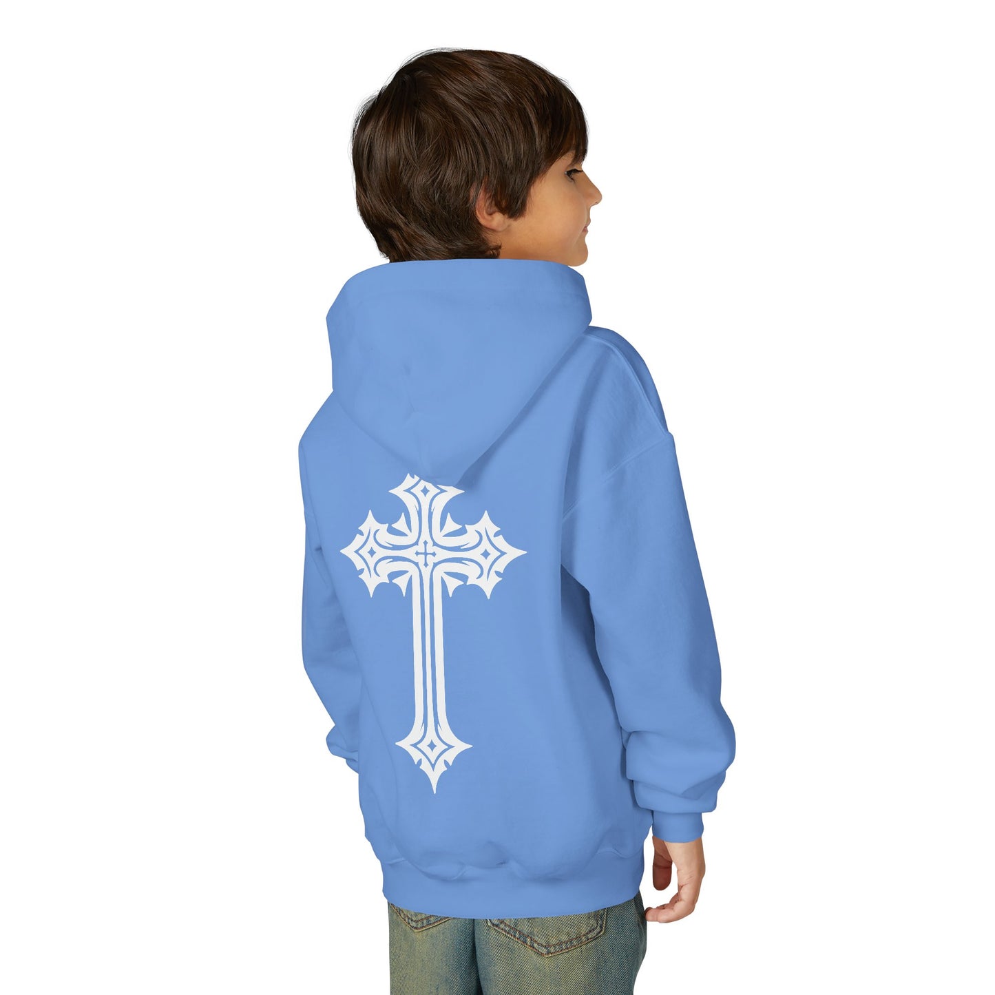 Youth Heavy Blend Hooded Sweatshirt with Cross Design