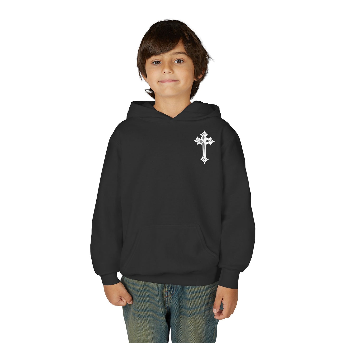 Youth Heavy Blend Hooded Sweatshirt with Cross Design